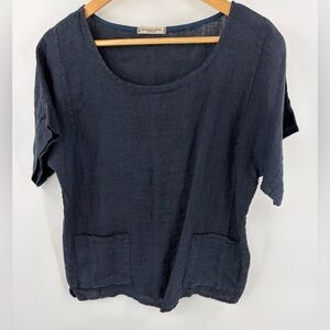 Francesca Bettini women’s linen navy front pocket short sleeve blouse size L